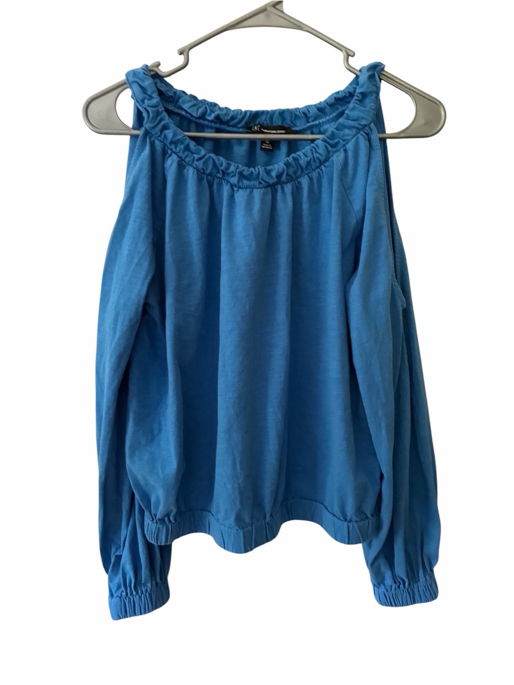 INC International Concepts Cold Shoulder Blouse Size Medium Blue Elastic Necklin